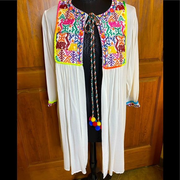Velzera Jackets & Blazers - Lightweight white boho jacket/cover up with embroidery trim